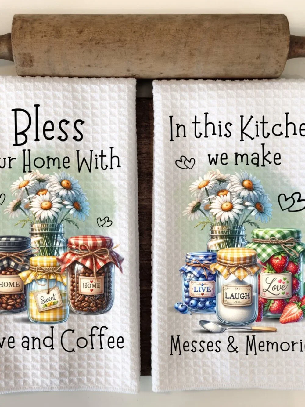 Bless Our Home Kitchen Towel Set, Love And Coffee Dish Towel Daisy Mason Jar